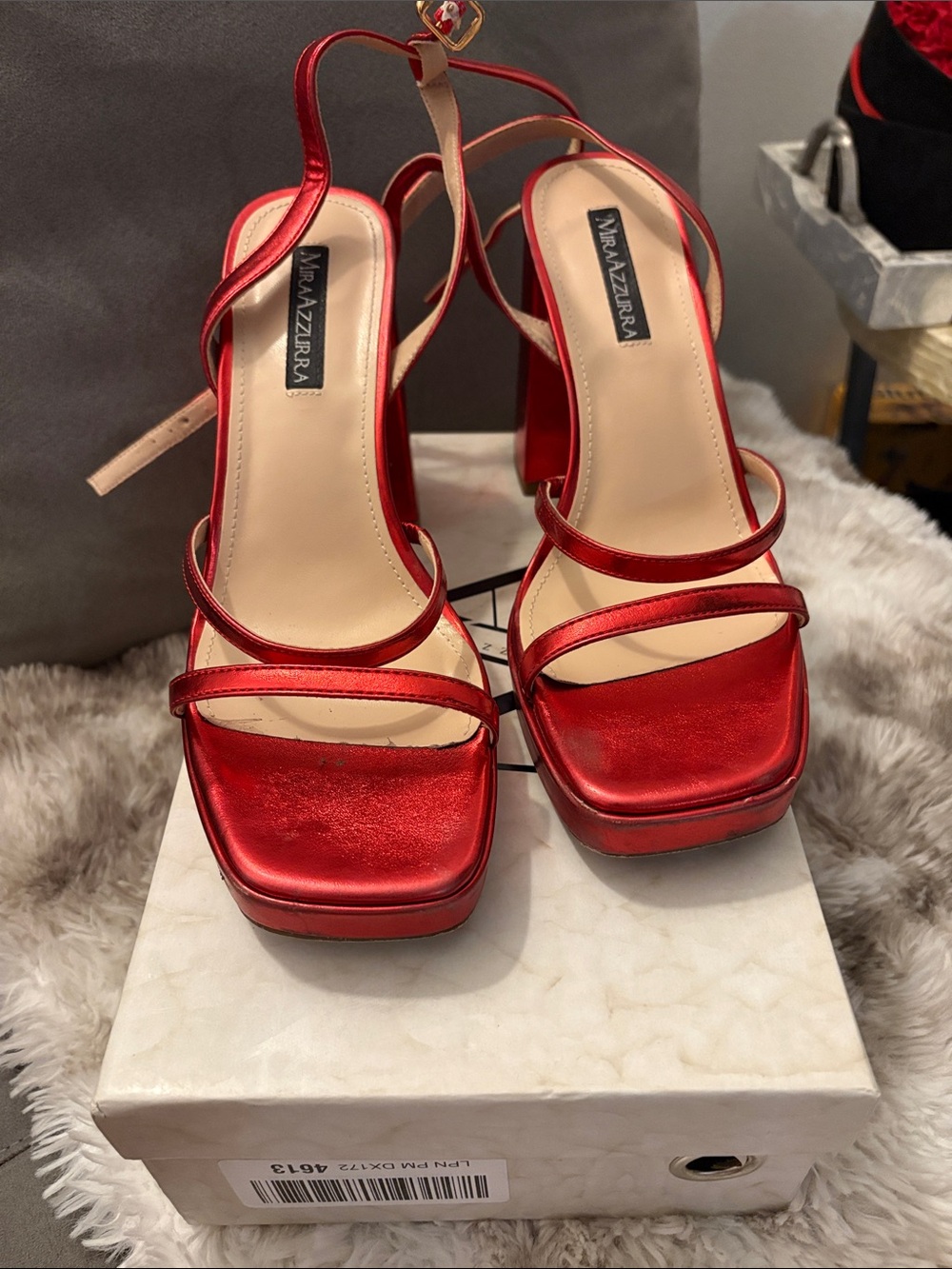 Nina Azzurra Red Satin Platform Sandals with Ankle Strap